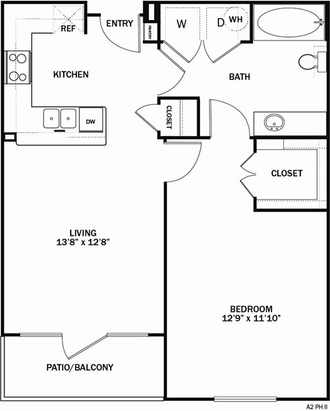 Floor plan for 1 bed, 1 bath, 735 sqft